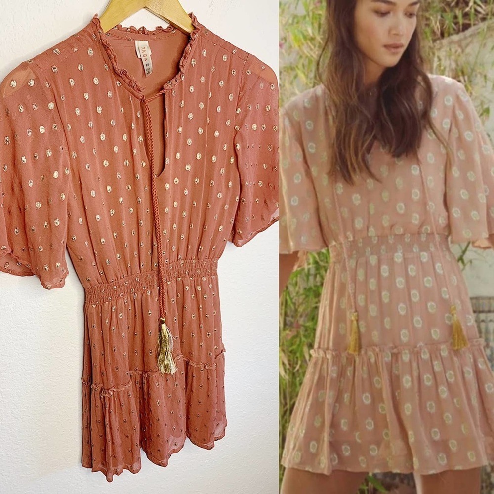 RAGA Kenna Tiered A-Line Metallic Polka Dot Elastic Waist Mini Dress Size XS